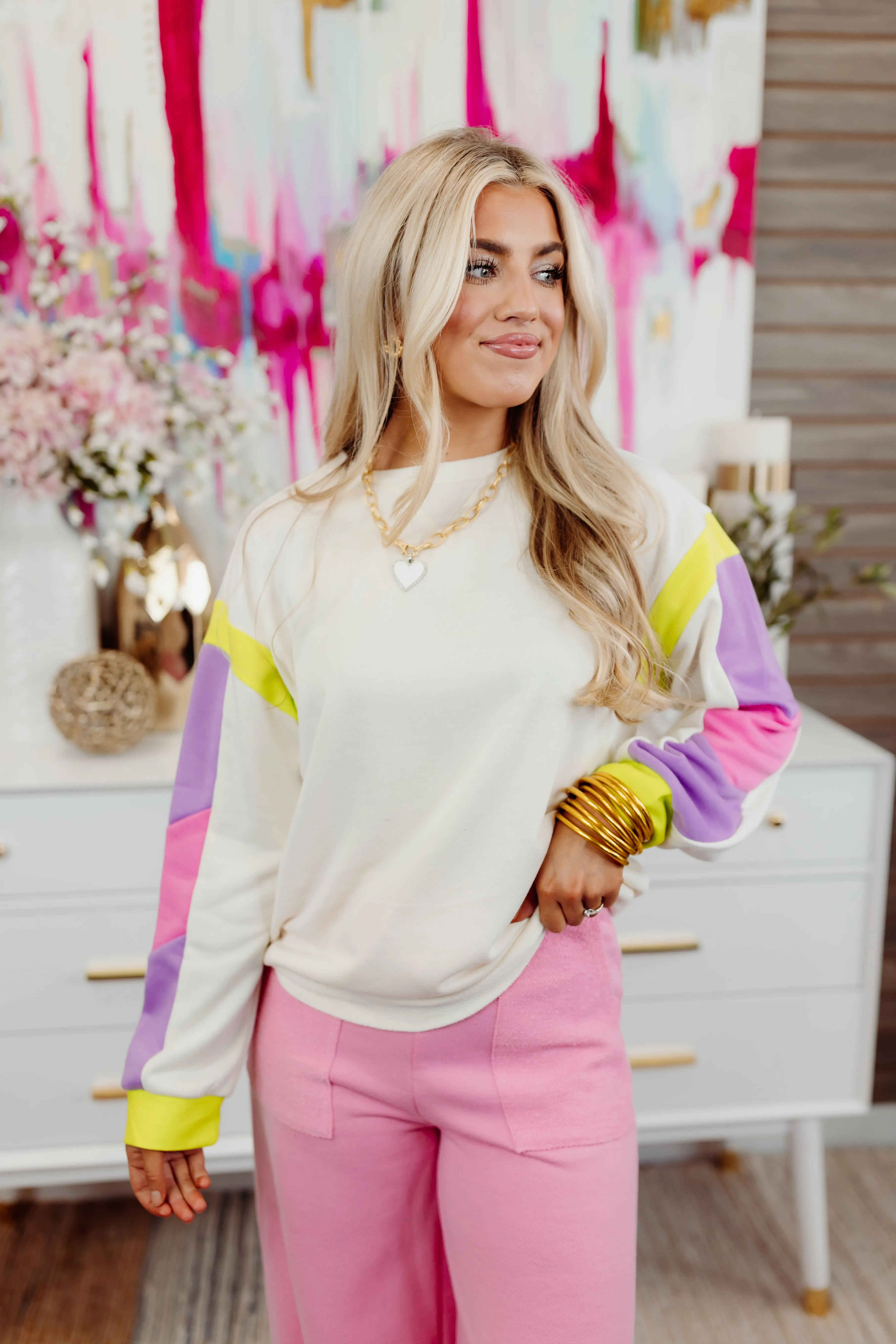 Cream Multi Colorblock Sleeve Pullover