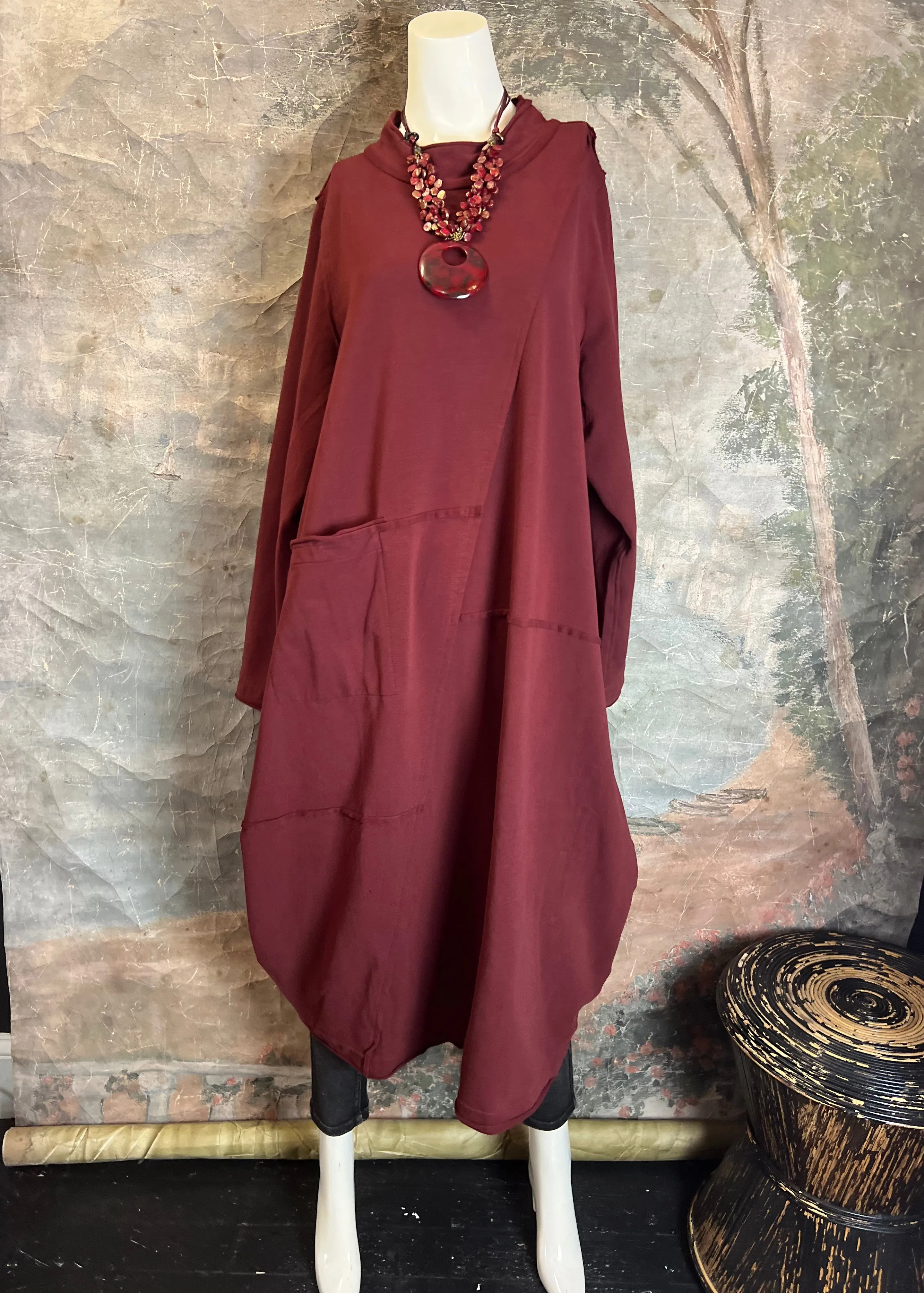 CT1367 Fleece Detail Dress-Wine