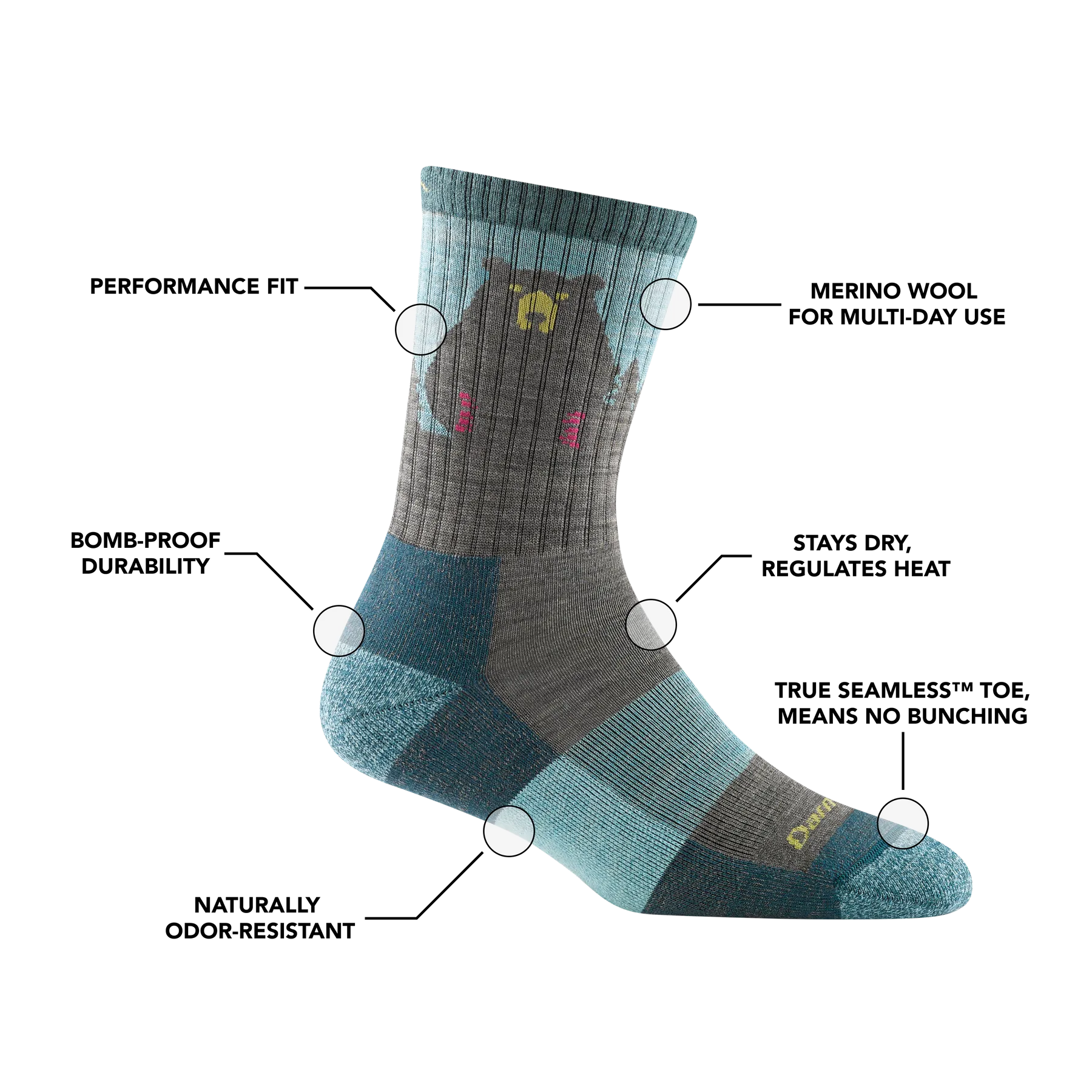 Darn Tough Women's Bear Town Micro Crew Lightweight Hiking Sock 1970 - Aqua