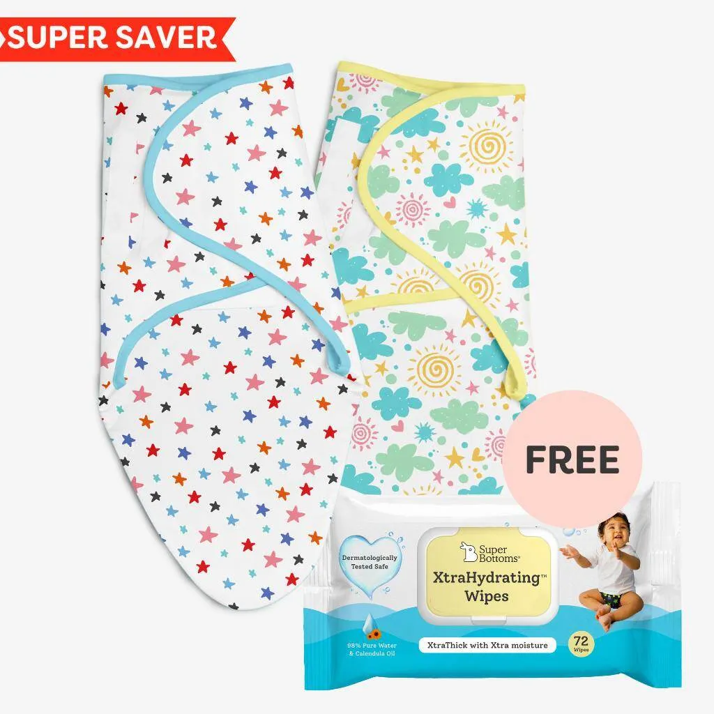 Dry Feel Swaddle Wrap (Happy Clouds and Starry Skies) and FREE XtraHydrating Wipes - 72 pack