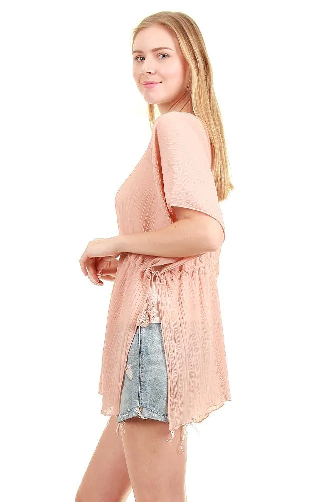 EAP8751 Pleated Chiffon Drawstring Poncho