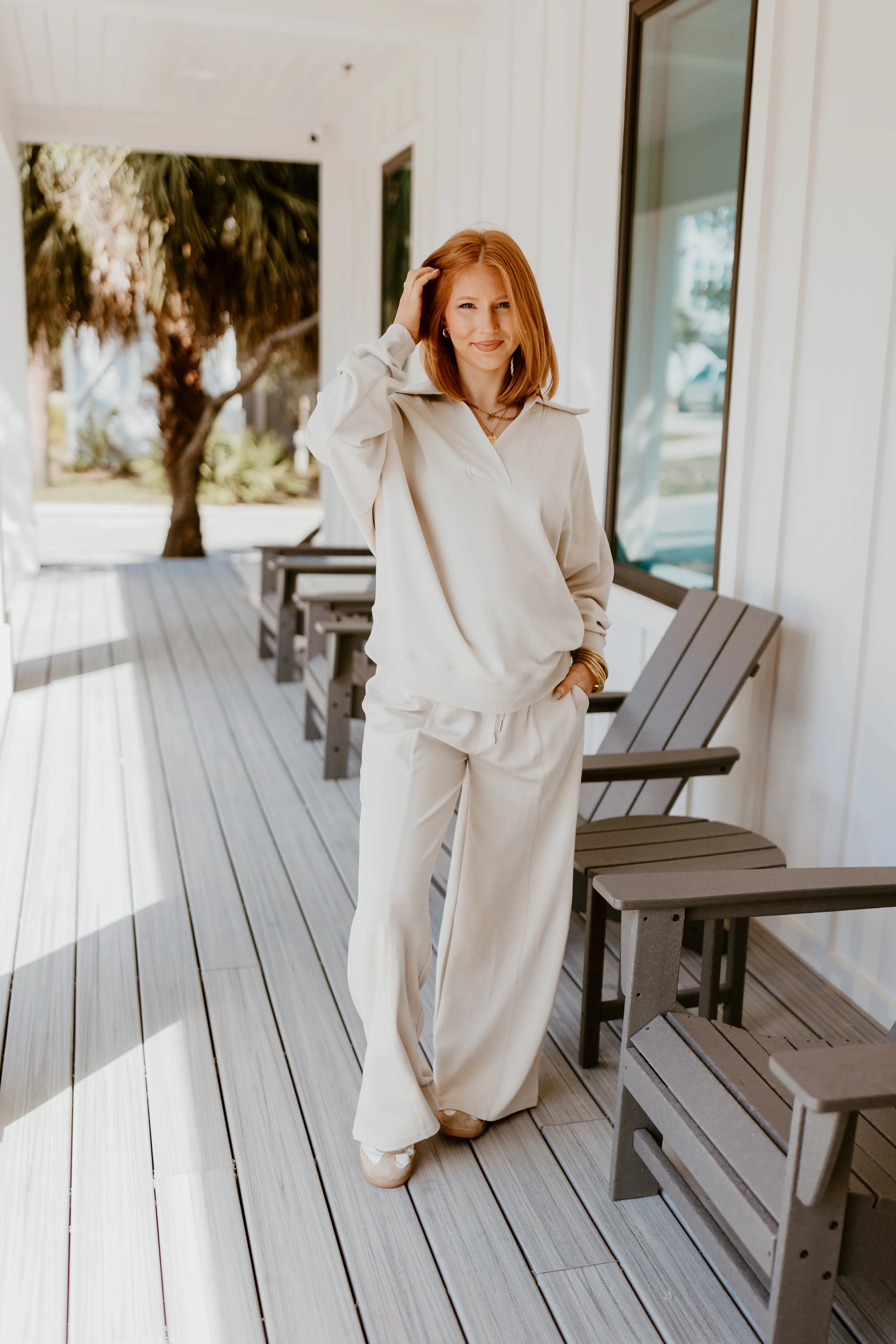 Ecru Butter Soft Notch Neck Pullover and Pant Set