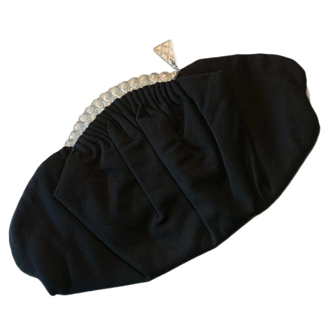 Elegant Black Wool Clutch Handbag with Carved Lucite Crown Clasp circa 1940s