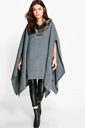 Elizabeth Wool Poncho With Faux Fur Trim