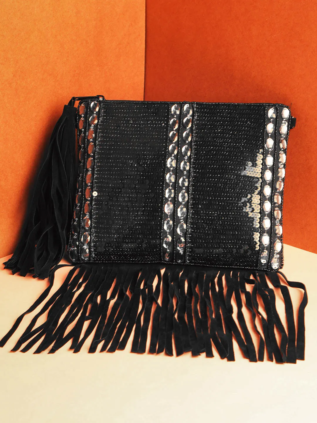 Embellished Clutch with Fringes