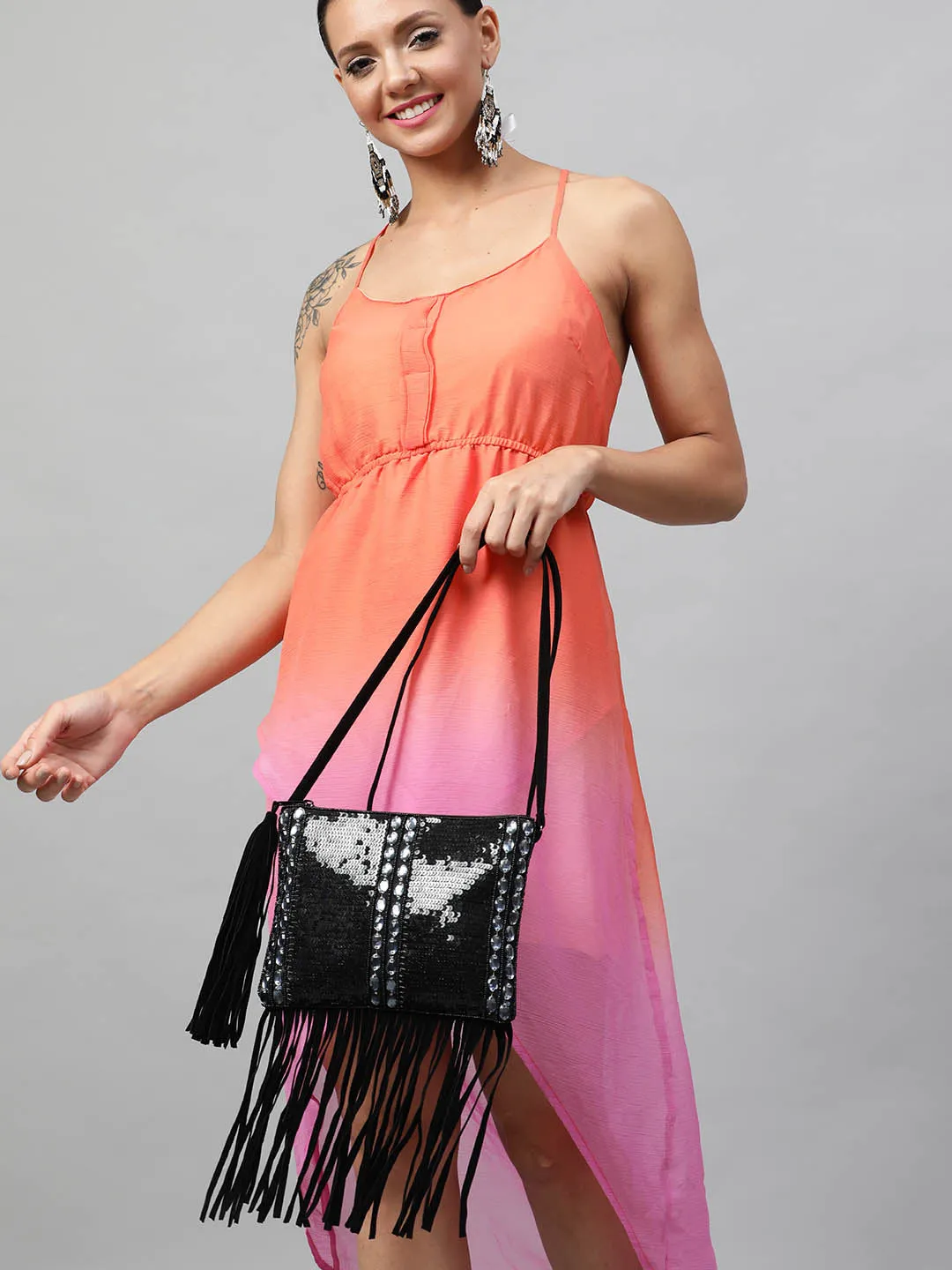 Embellished Clutch with Fringes