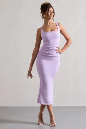 Evora | Lilac Ruched Square-Neck Fishtail Midi Dress