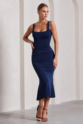 Evora | Navy Ruched Square-Neck Fishtail Midi Dress