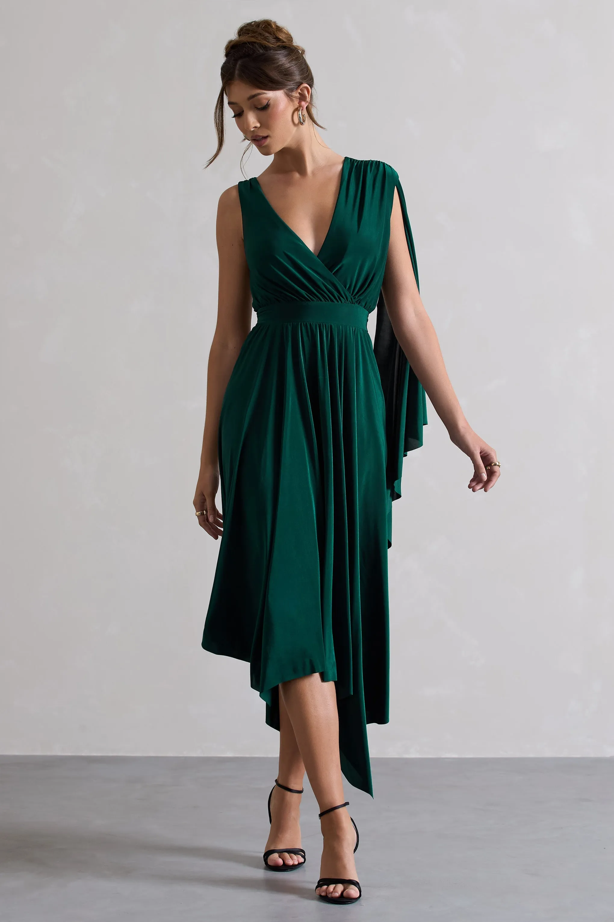 Fable | Bottle Green Plunge-Neck Maxi Dress With Cape Sleeve