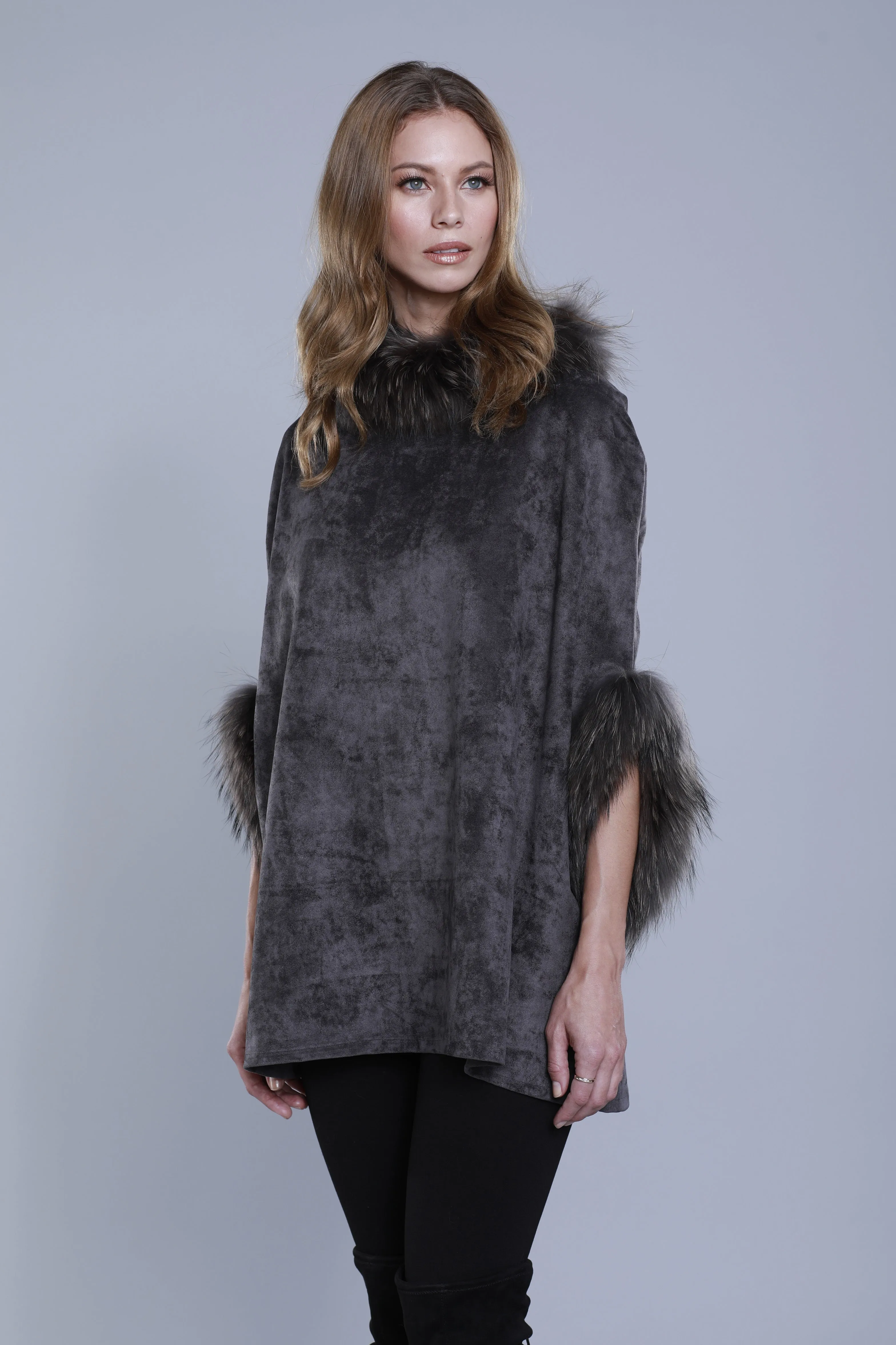 Faux Suede Fur Trimmed Poncho