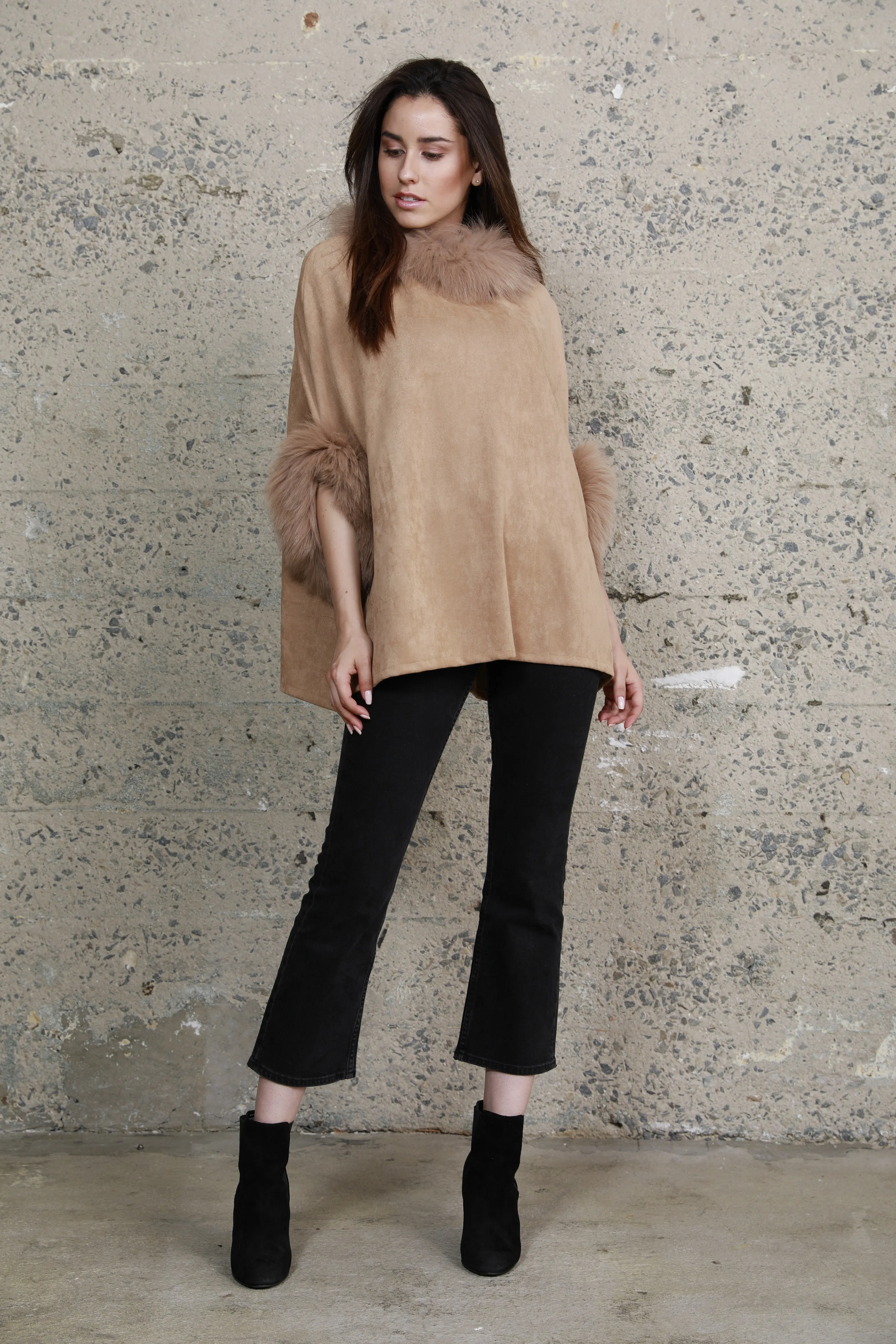 Faux Suede Fur Trimmed Poncho