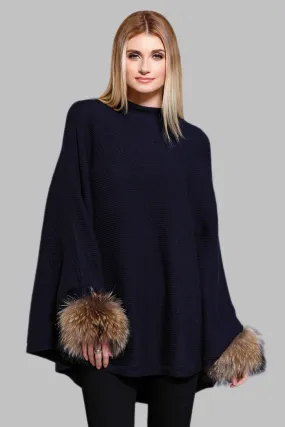 Faux Suede Poncho with Raccoon Fur Cuffs