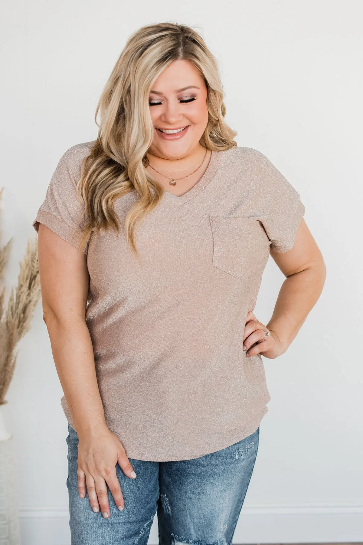 Free To Shine V-Neck Pocket Top- Champagne