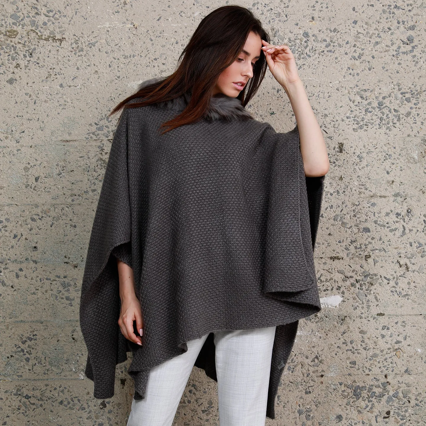 Fur Trim Knit Poncho