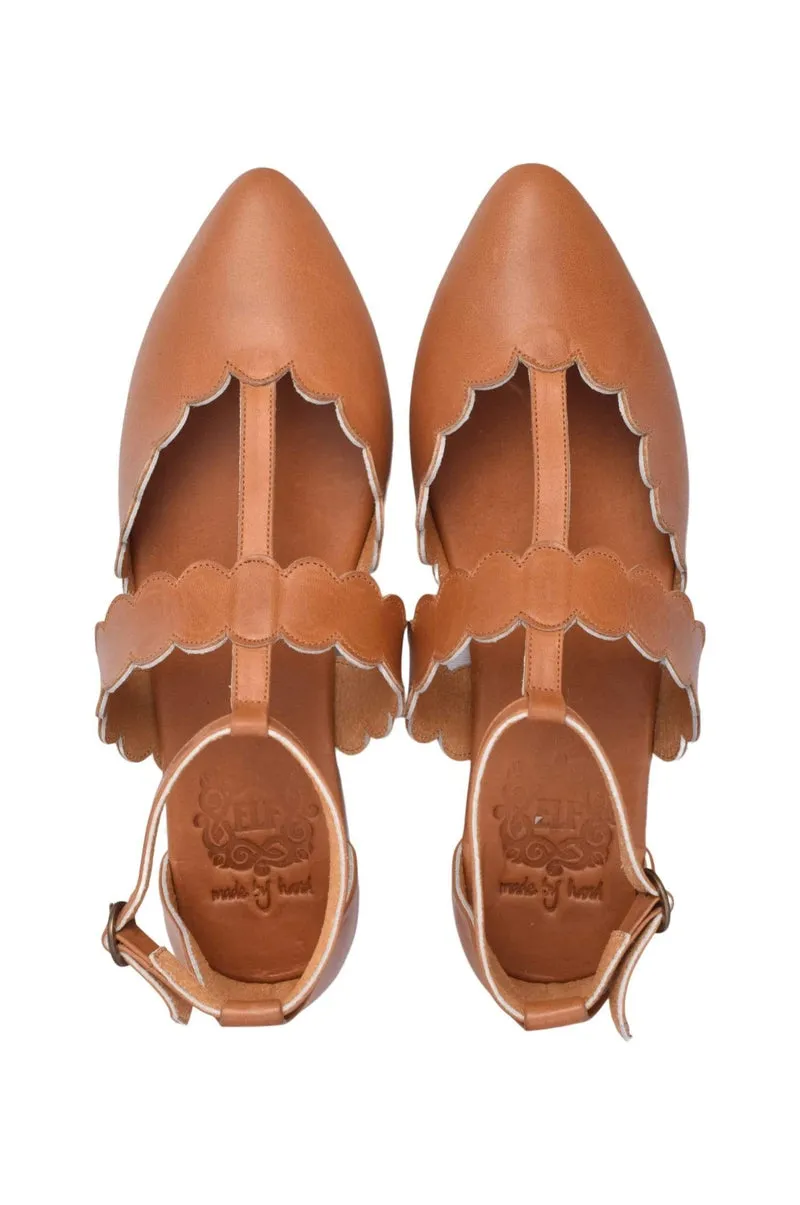 Gardenia Pointy Toe Leather Flats in Dark Tan