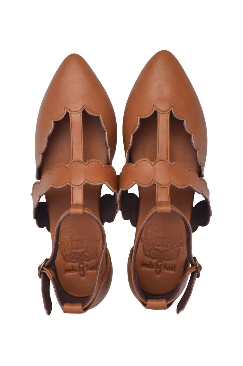 Gardenia Pointy Toe Leather Flats in Dark Tan