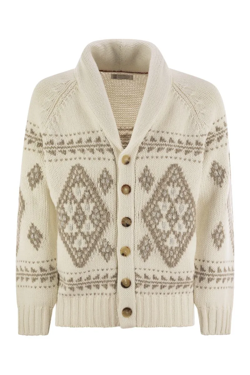 GEOMETRIC JACQUARD CASHMERE FEATHER CARDIGAN WITH SHAWL COLLAR