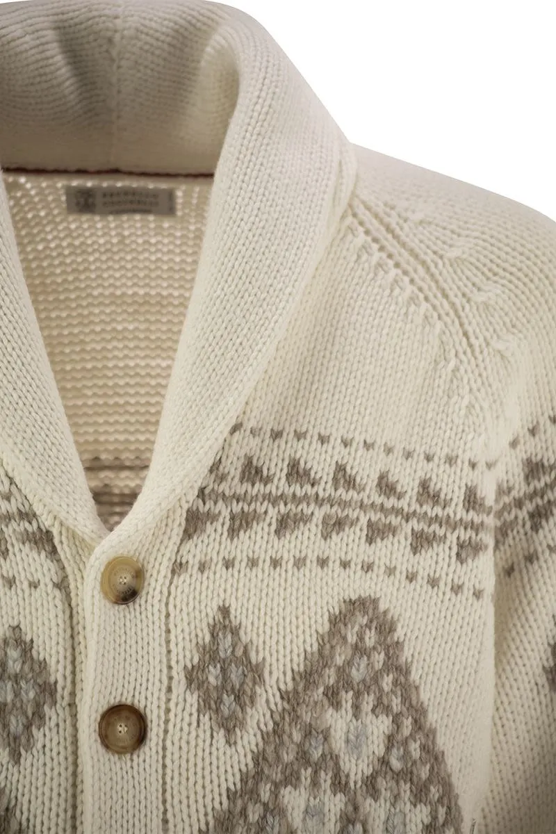 GEOMETRIC JACQUARD CASHMERE FEATHER CARDIGAN WITH SHAWL COLLAR