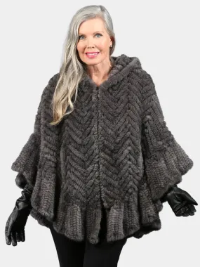 Grey Knitted Mink Fur Zipper Poncho with Poncho Hood - Day Furs