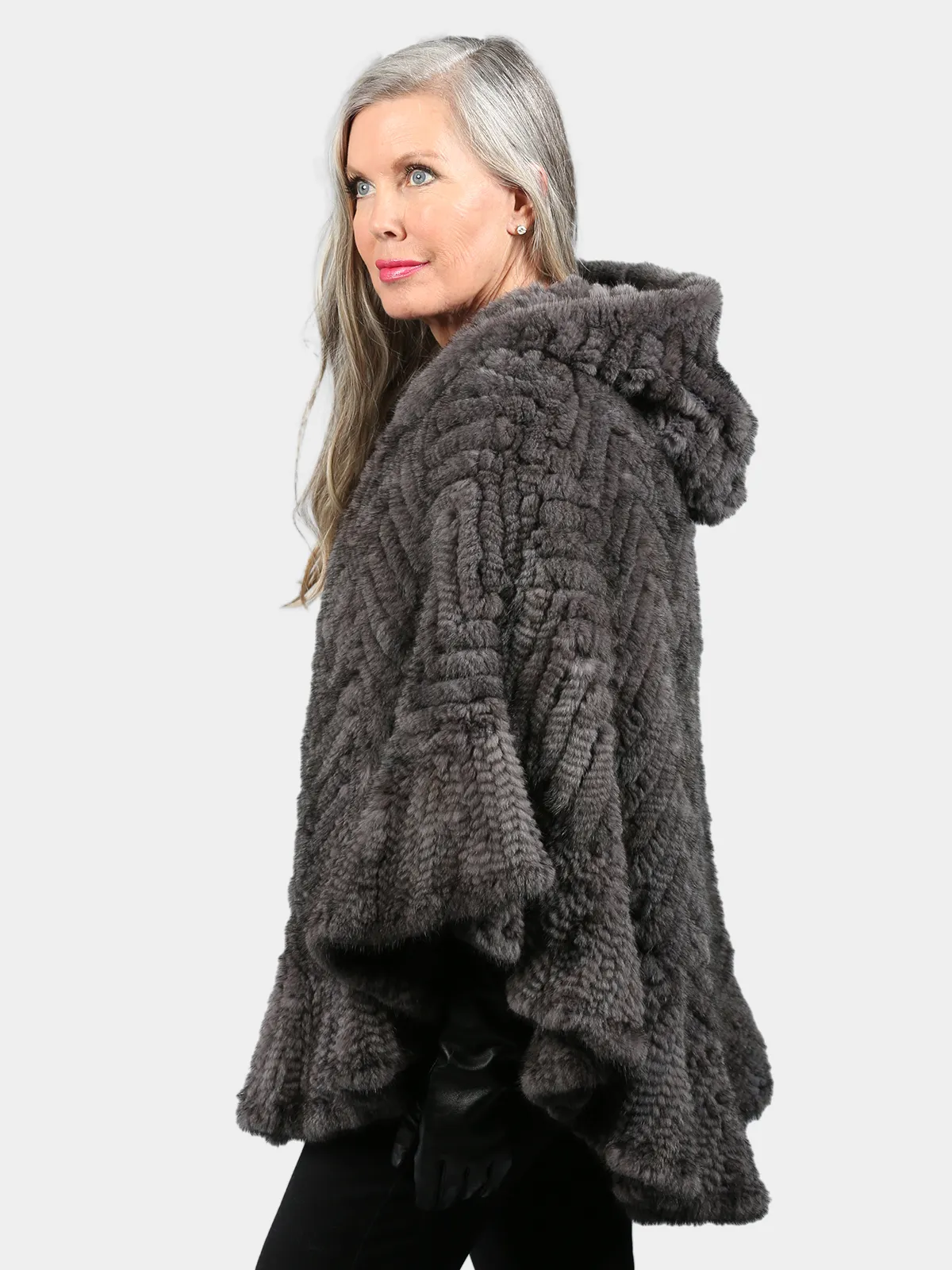 Grey Knitted Mink Fur Zipper Poncho with Poncho Hood - Day Furs