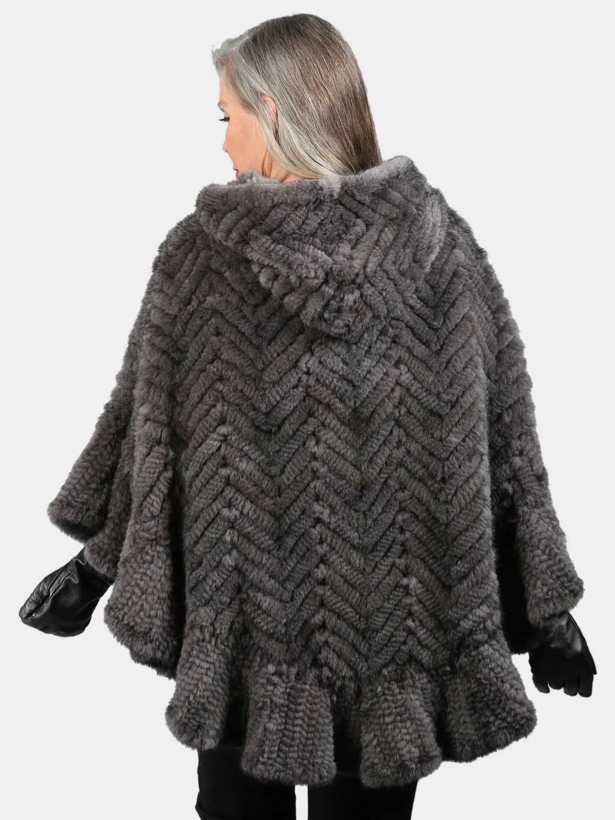 Grey Knitted Mink Fur Zipper Poncho with Poncho Hood - Day Furs