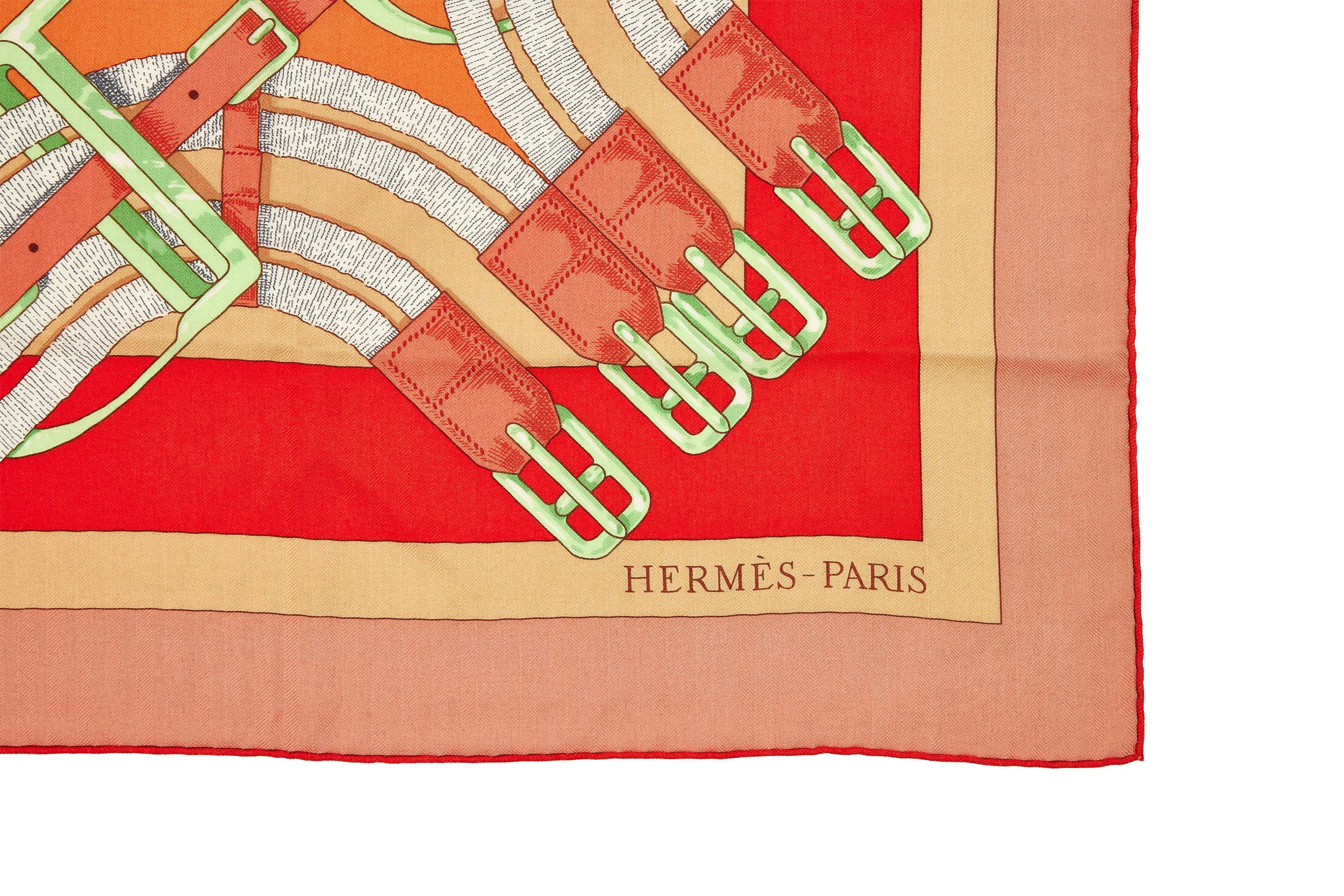 Hermès Red and Orange Cashmere and Silk Mors à Jouets Chemise Detail Shawl 140