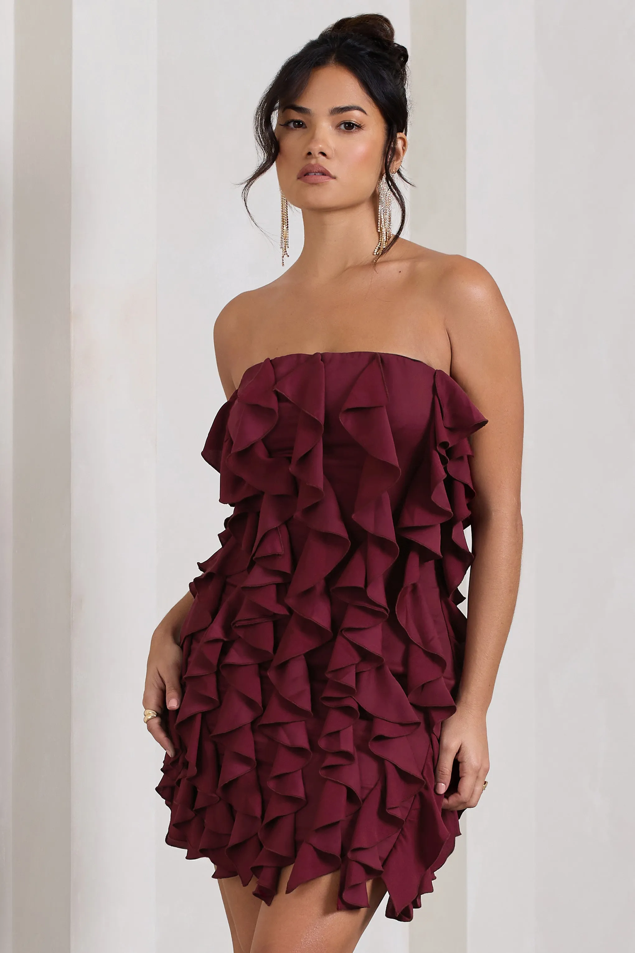 It Girl | Plum Bandeau Bodycon Mini Dress With Ruffles