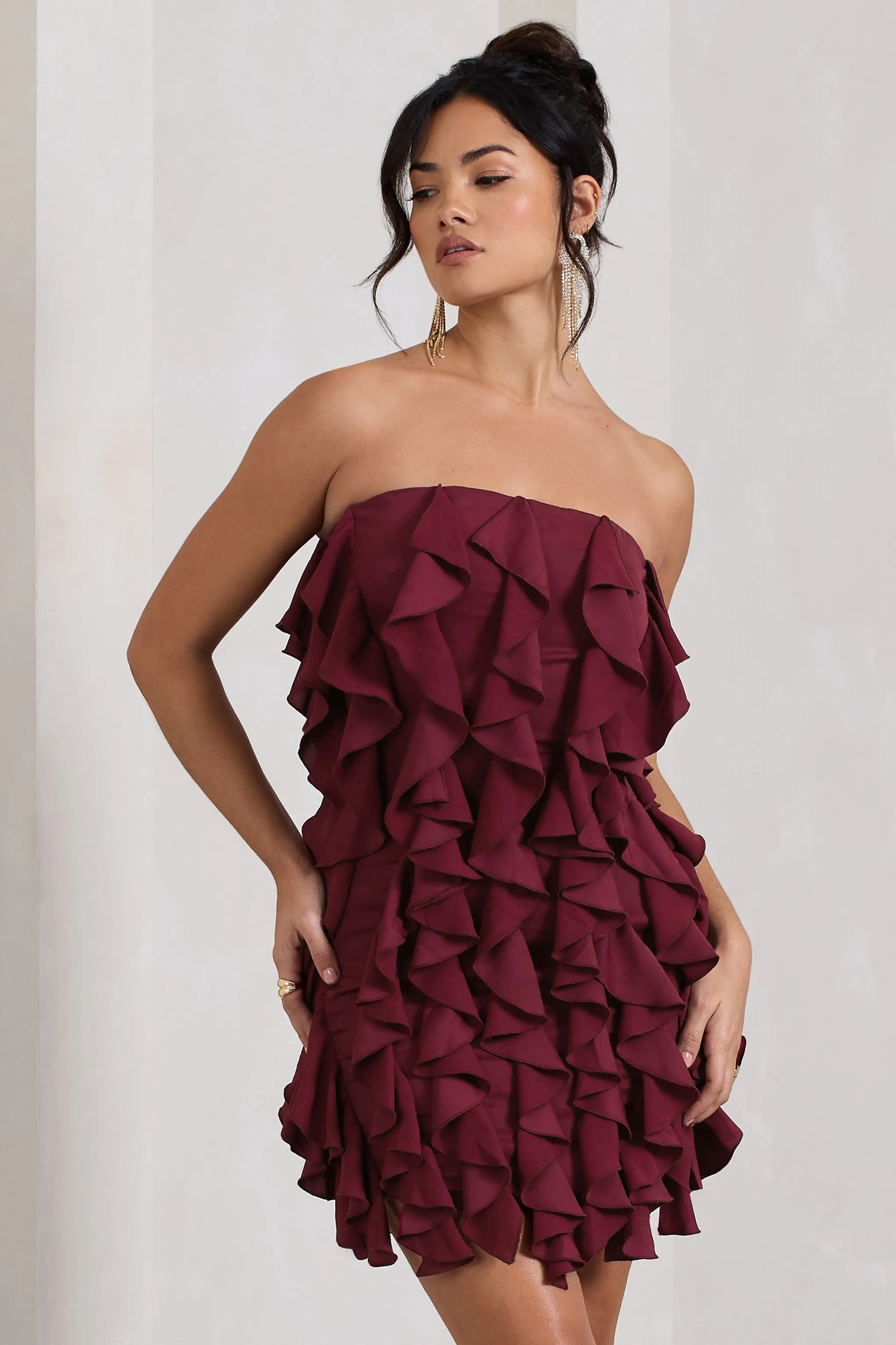 It Girl | Plum Bandeau Bodycon Mini Dress With Ruffles