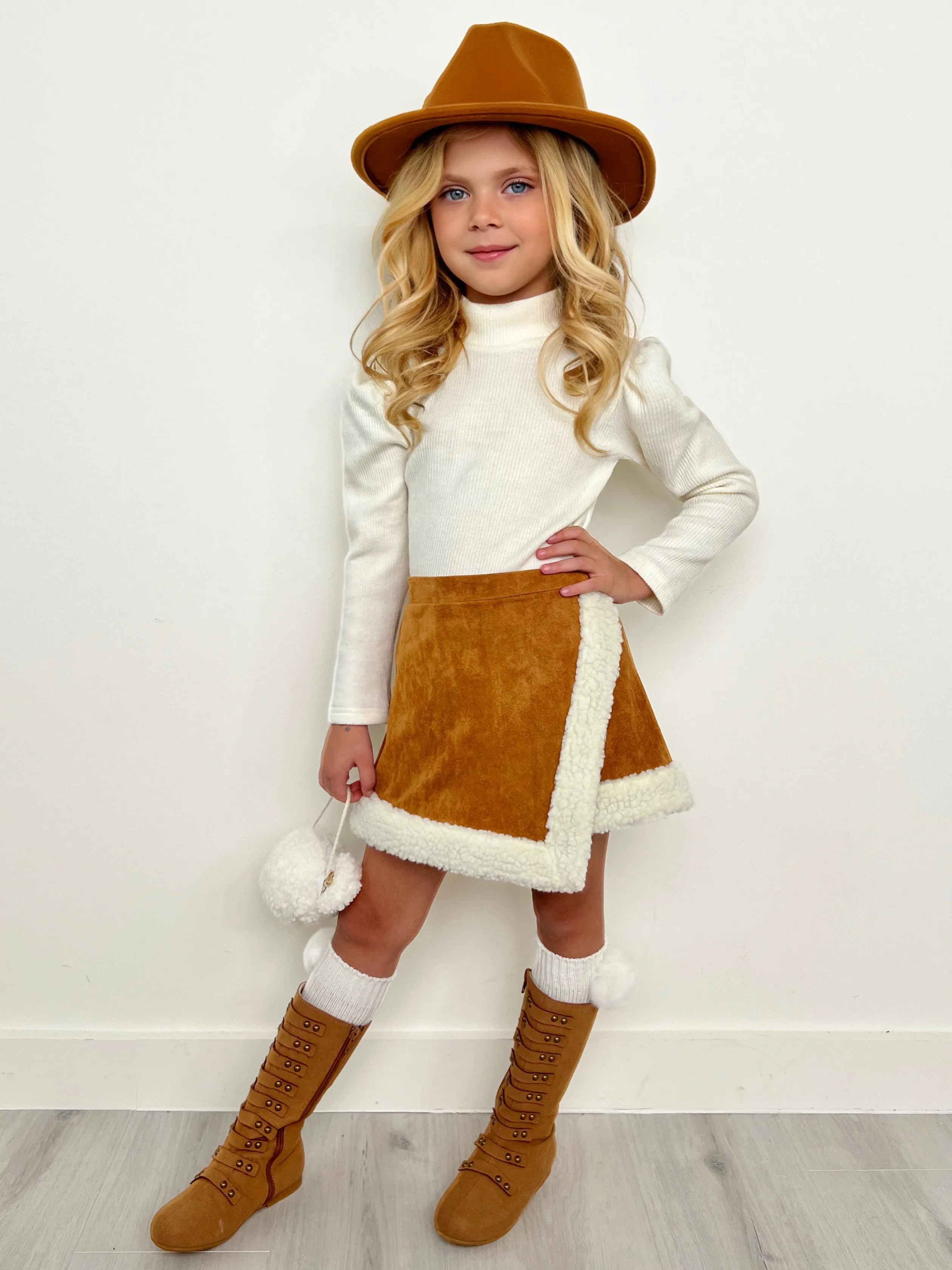 Ivory Turtleneck Top and Camel Fur Trimmed Skort Set