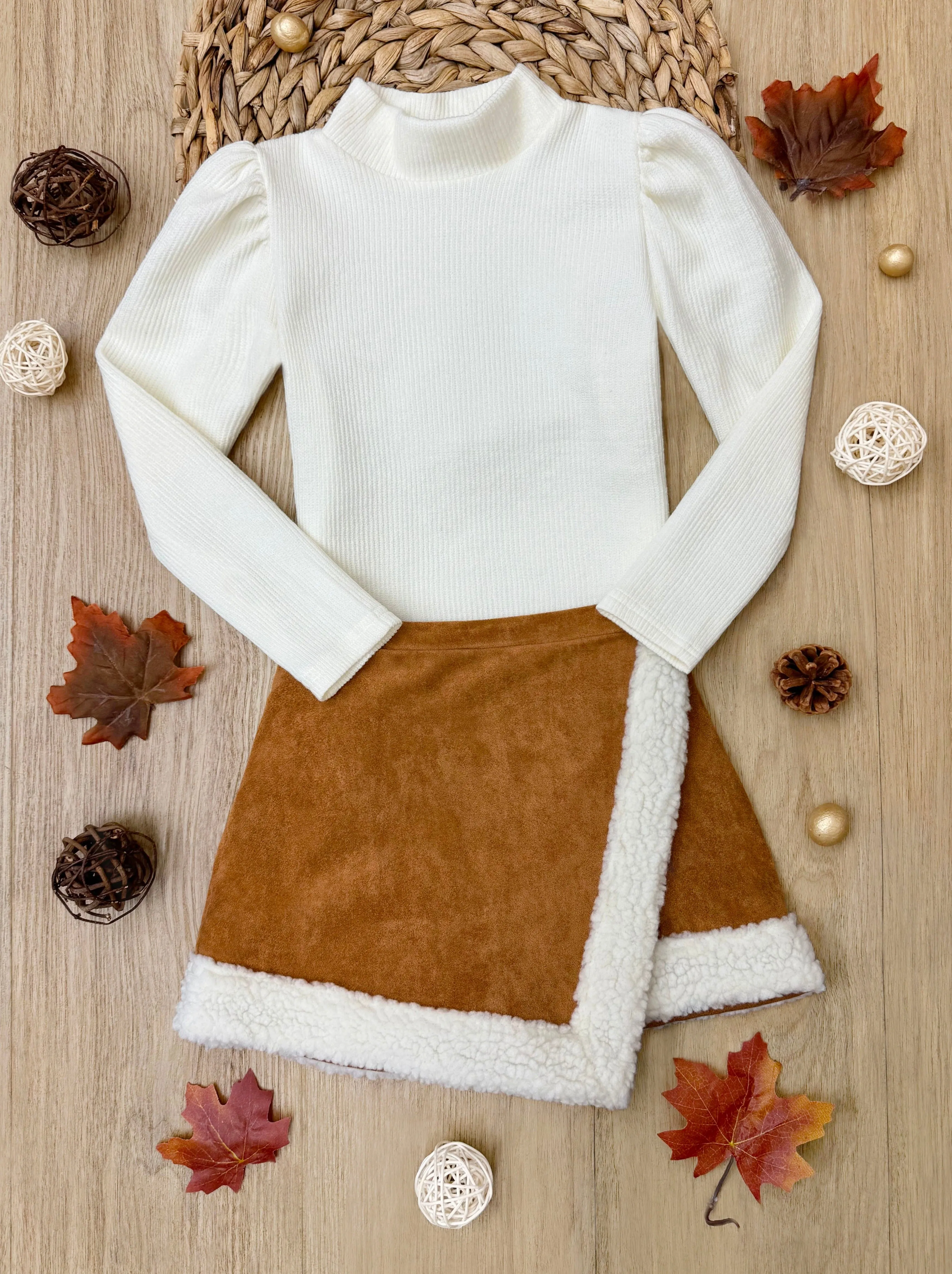 Ivory Turtleneck Top and Camel Fur Trimmed Skort Set