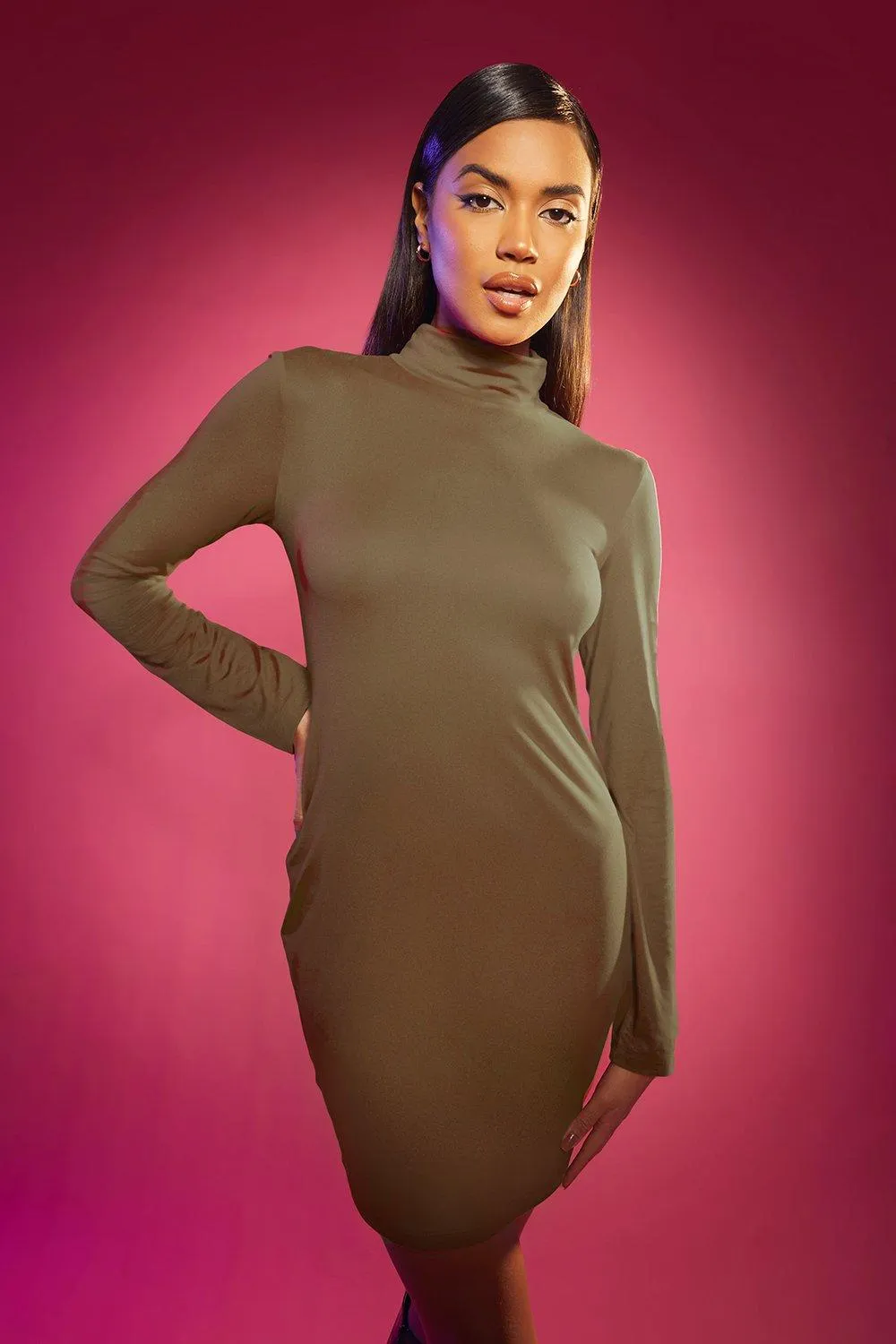 Jersey Knit Turtleneck Mini Dress