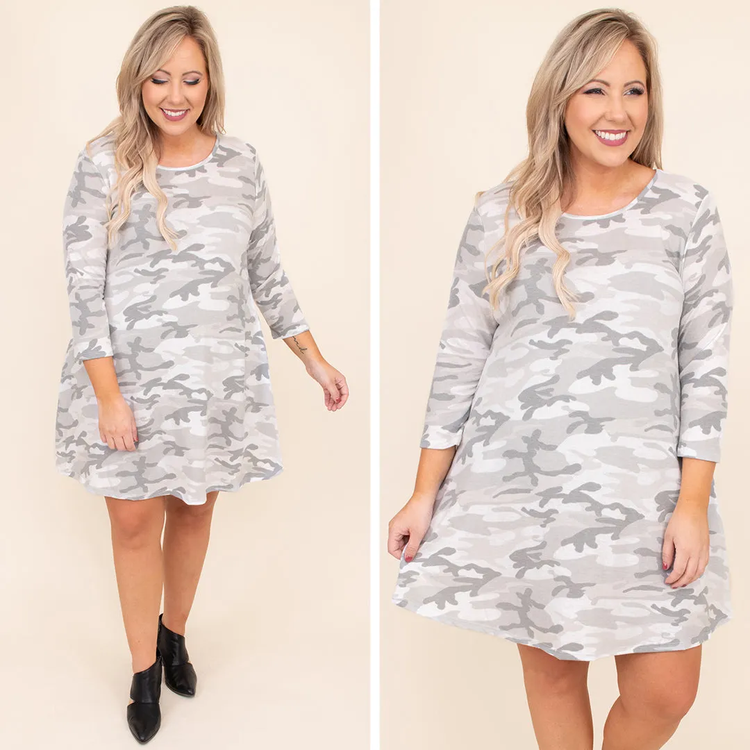 Keep On Searching Dress, Grey Camo