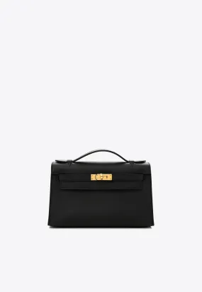 Kelly Pochette Clutch Bag in Black Swift Leather with Gold Hardware