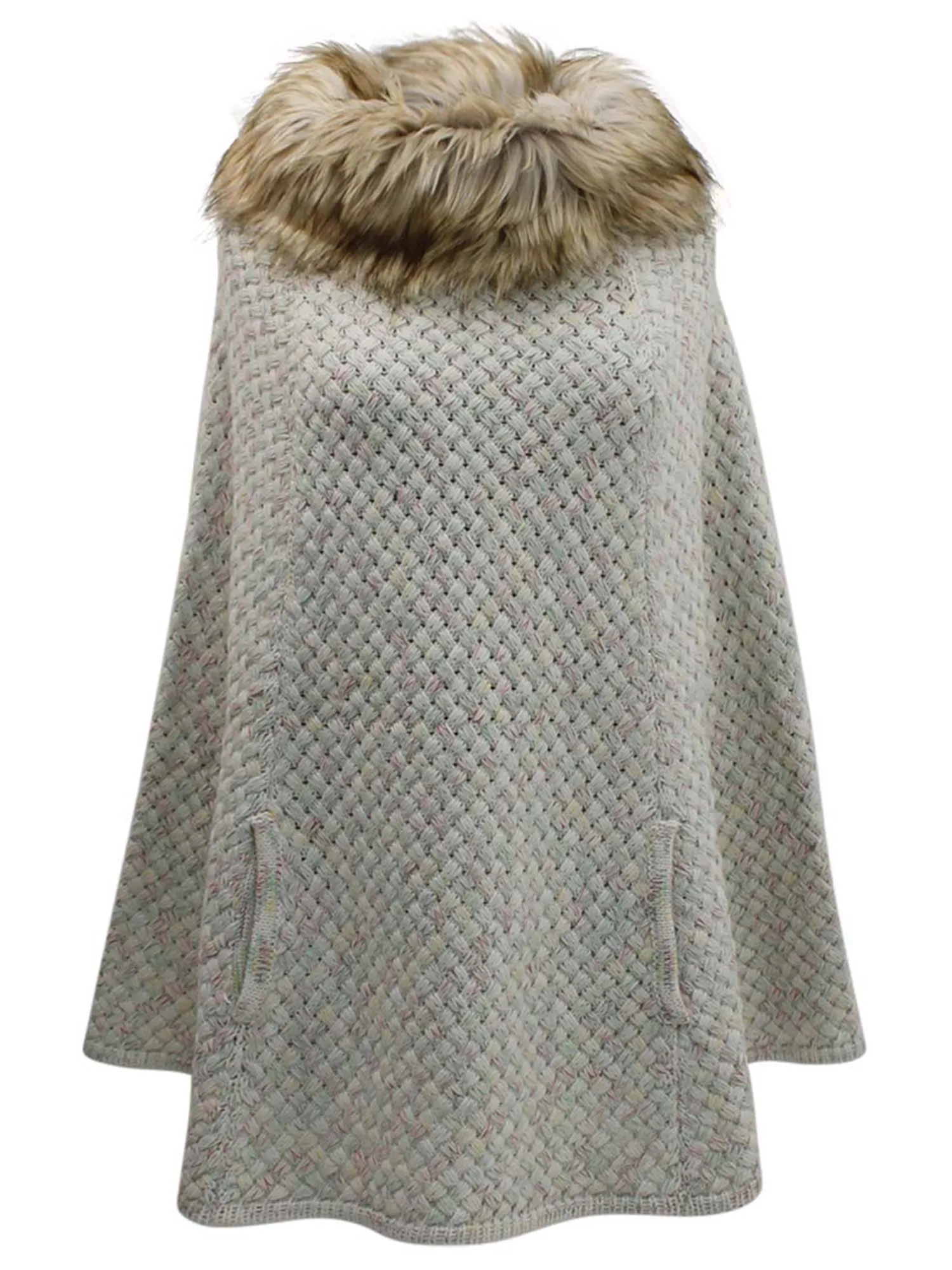 Knit Poncho With Faux Fur Neckline