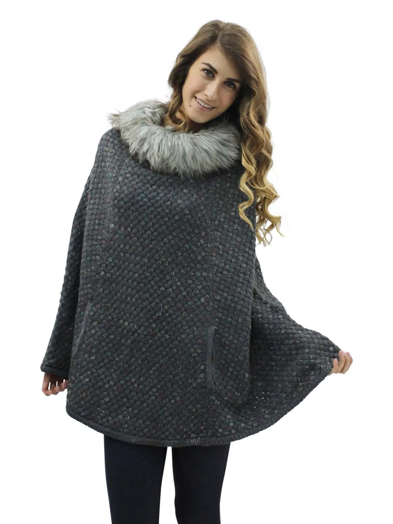 Knit Poncho With Faux Fur Neckline