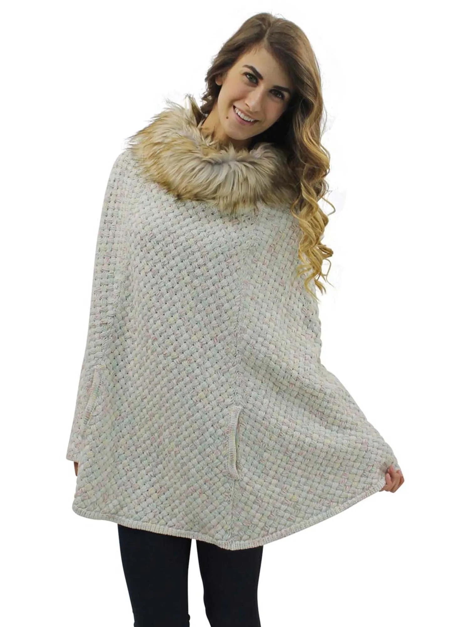 Knit Poncho With Faux Fur Neckline