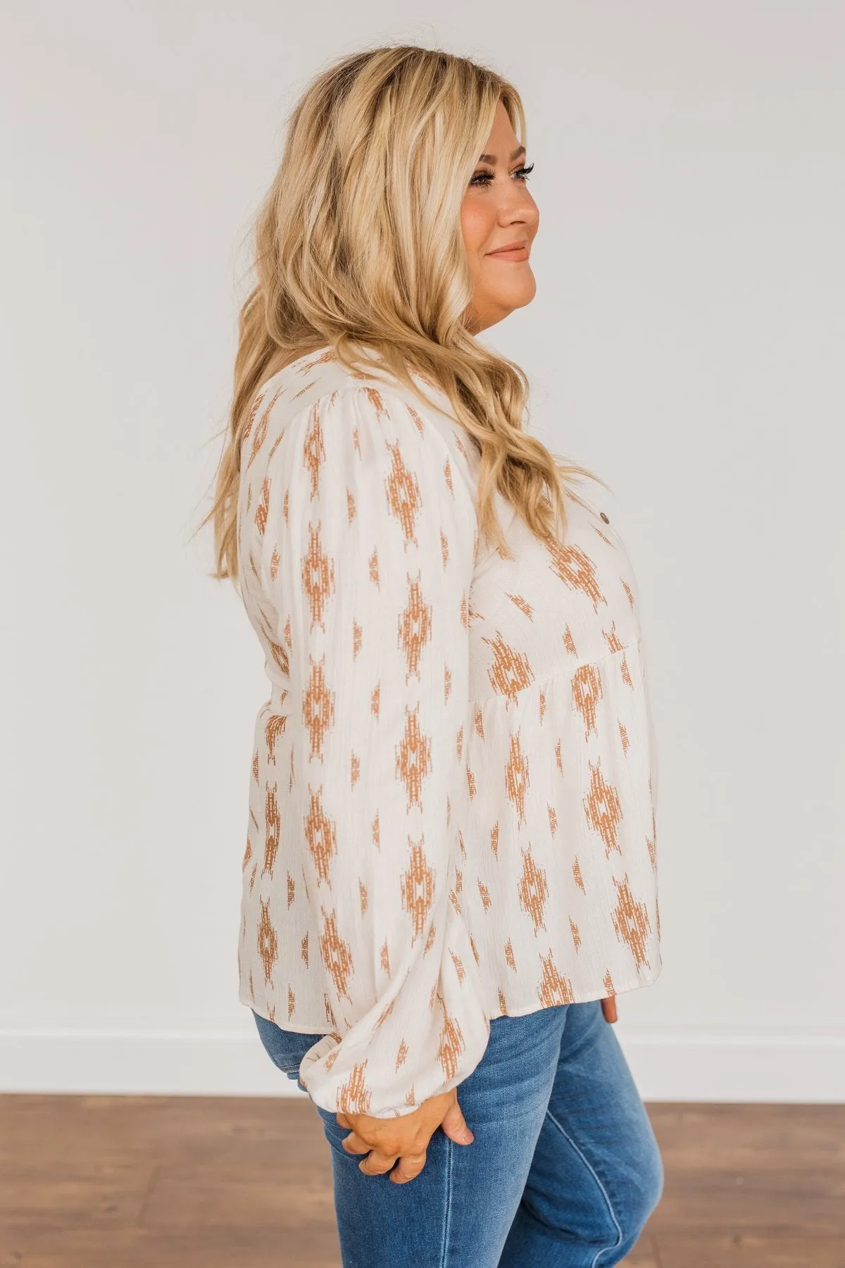 Leaves Of Gold Long Sleeve Blouse- Off-White & Bronze