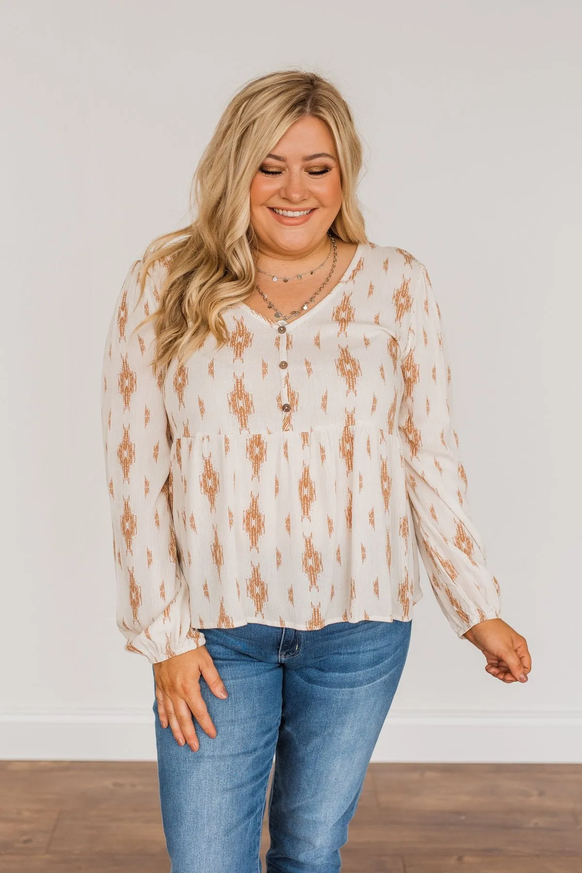 Leaves Of Gold Long Sleeve Blouse- Off-White & Bronze