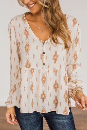 Leaves Of Gold Long Sleeve Blouse- Off-White & Bronze