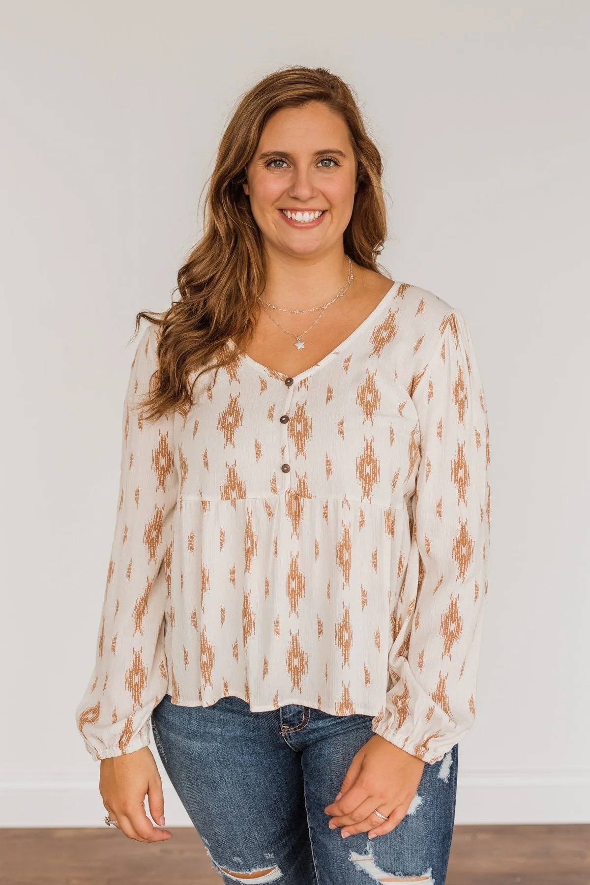 Leaves Of Gold Long Sleeve Blouse- Off-White & Bronze