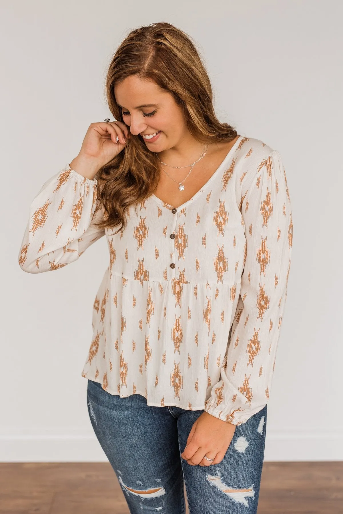 Leaves Of Gold Long Sleeve Blouse- Off-White & Bronze