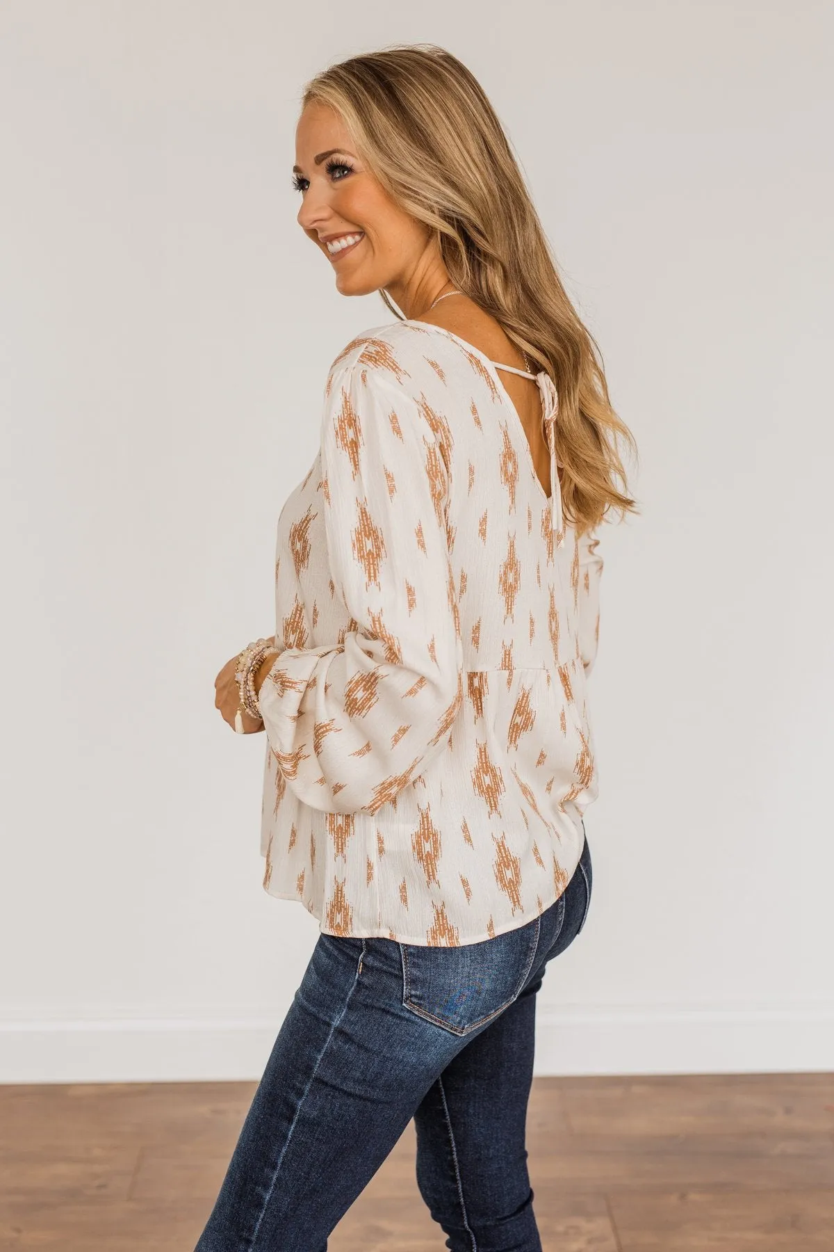 Leaves Of Gold Long Sleeve Blouse- Off-White & Bronze