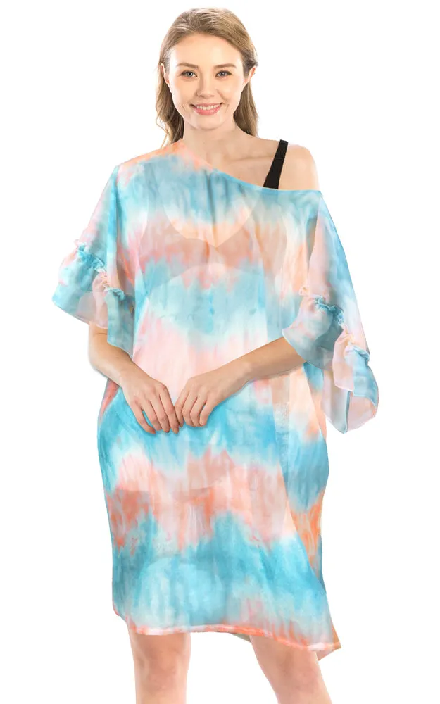 LOF1173 Tie Dye Ruffle Sleeves Poncho Cover Up