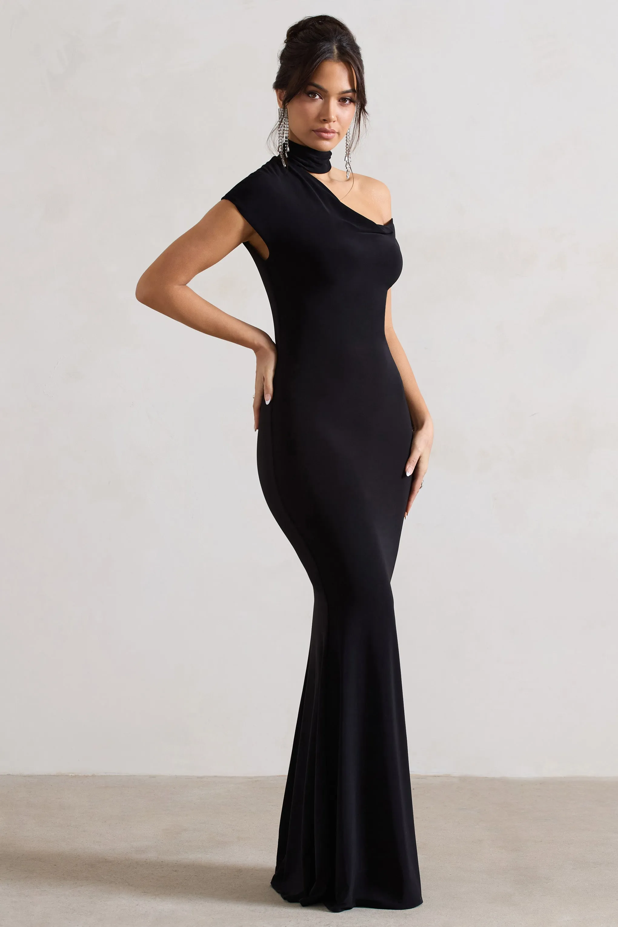 Margaux | Black One-Shoulder Maxi Dress With Halter-Collar