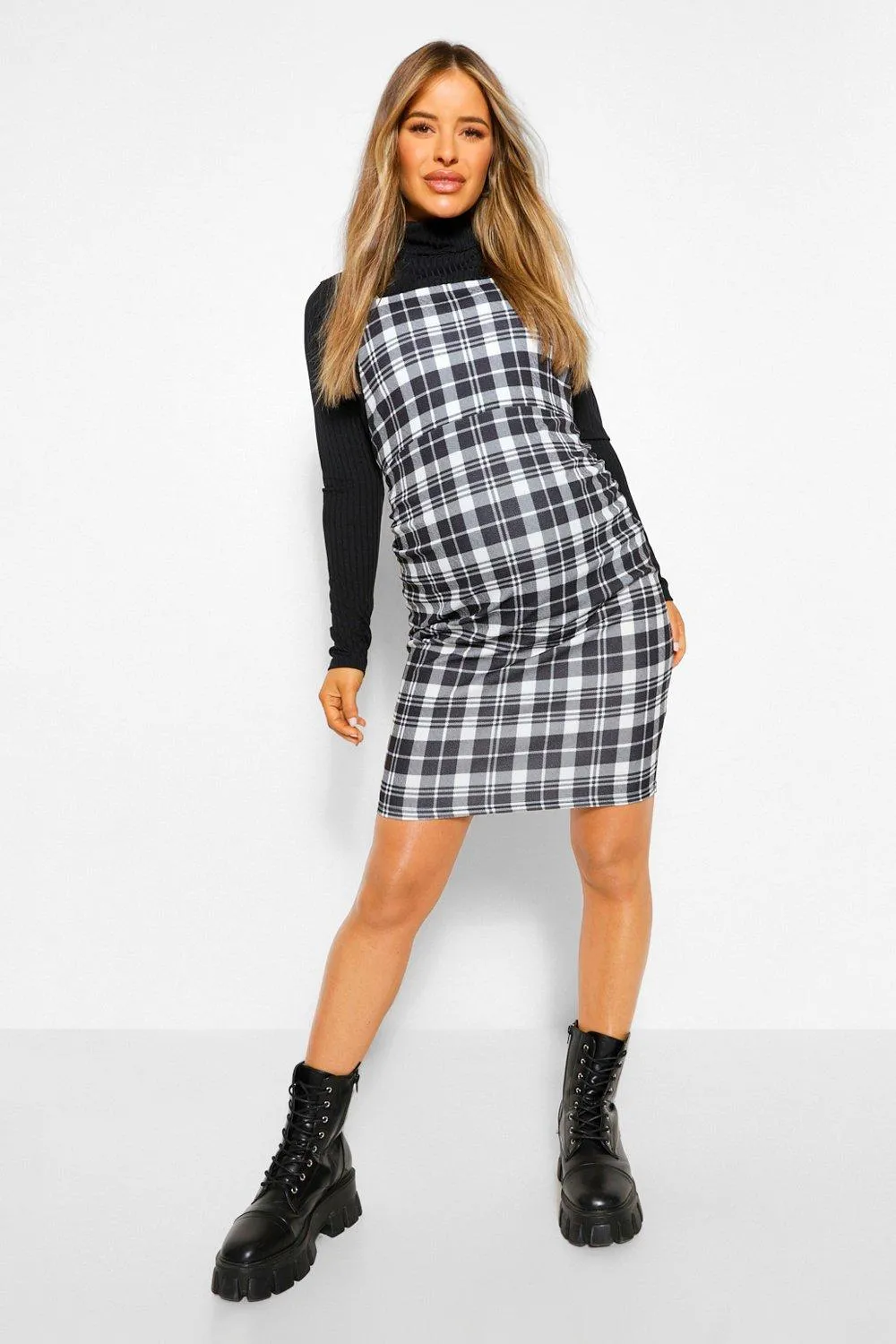 Maternity 2 In 1 Turtleneck Check Pinafore Dress