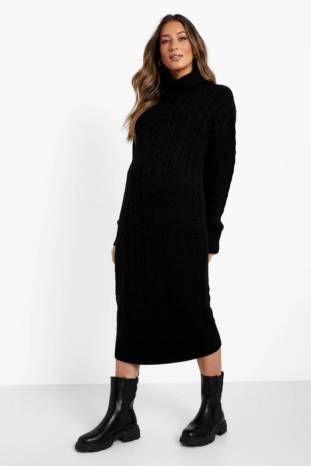 Maternity Cable Knit Turtleneck Midi Dress