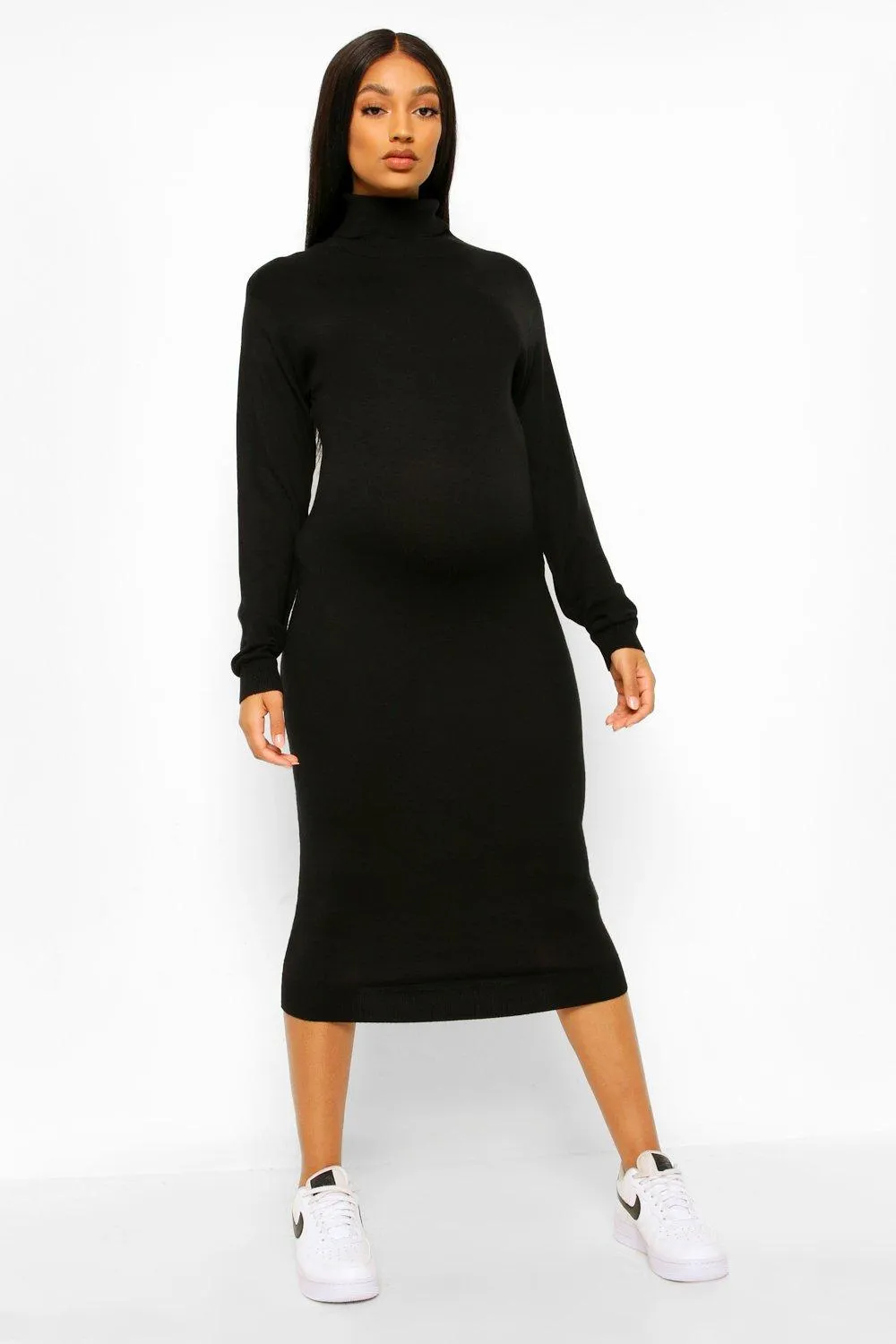 Maternity Turtleneck Rib Knit Midi Dress