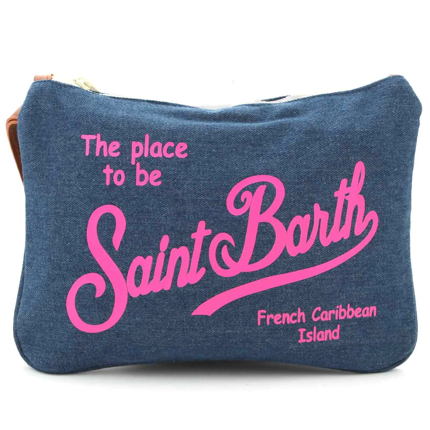 Mc2 Saint Barth Denim Clutch Bag With Fluo Fuchsia Logo