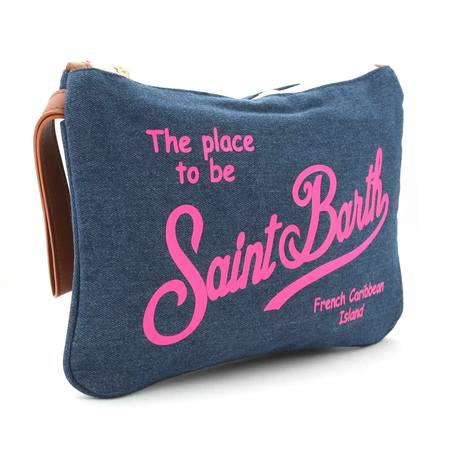 Mc2 Saint Barth Denim Clutch Bag With Fluo Fuchsia Logo