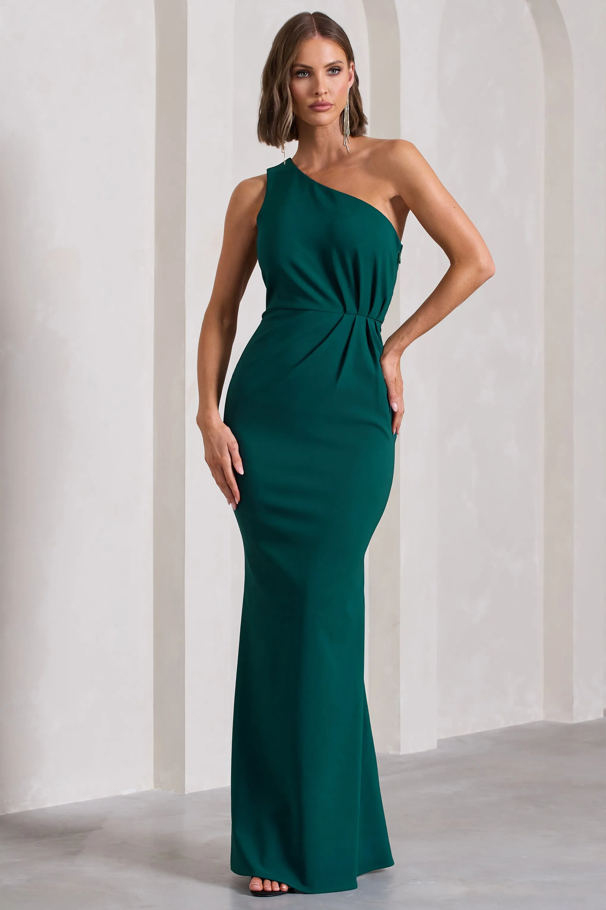 Michelle | Bottle Green One-Shoulder Gathered Maxi Dress